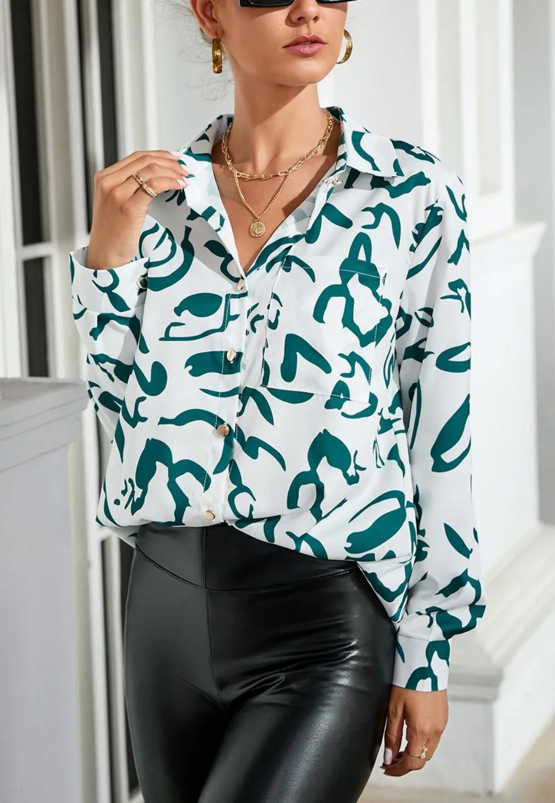 Abstract Print Button Collared Shirt