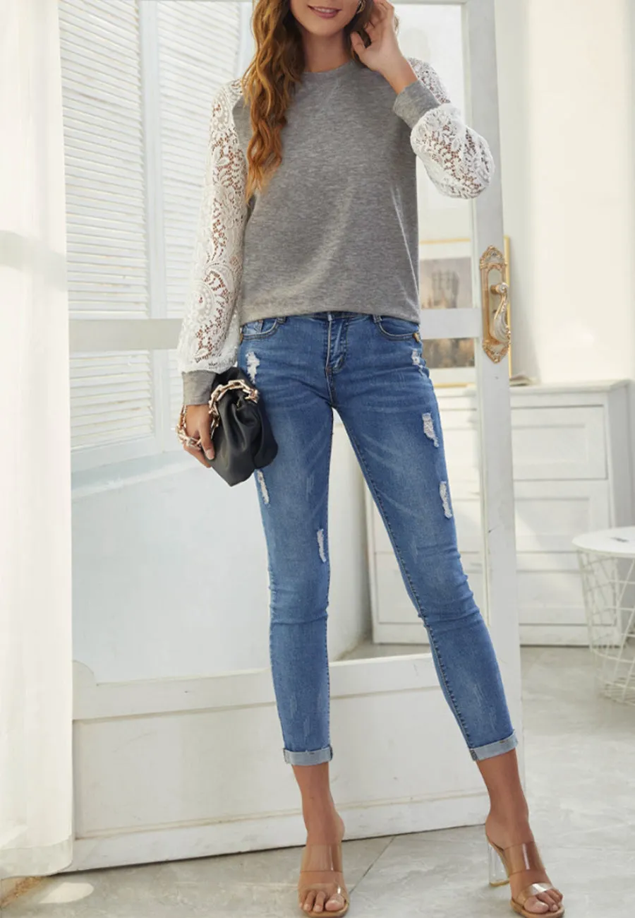 Contrast Lace Sleeve Sweater