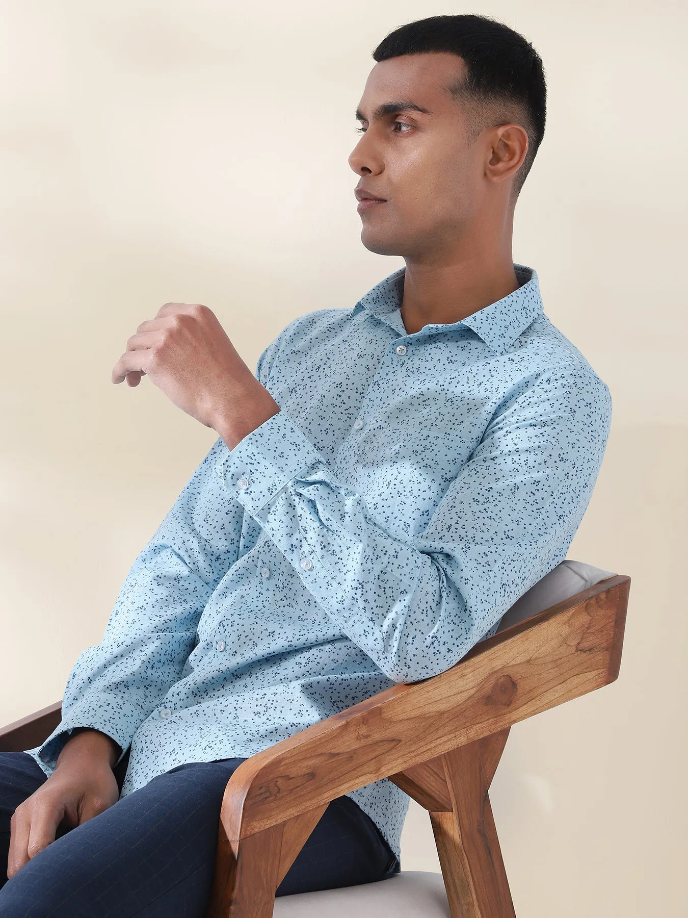 Cotton Linen Sky Blue Printed Full Sleeve Formal Shirt