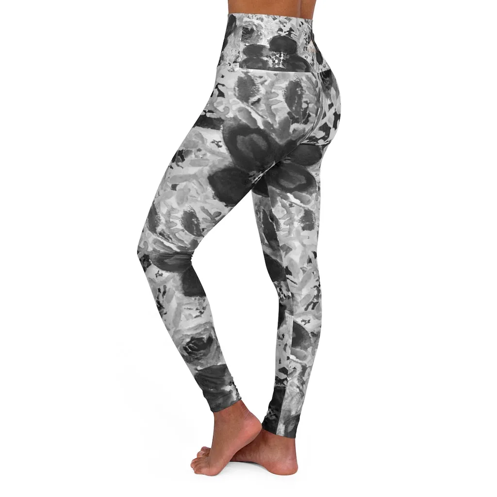 Floral High Waisted Yoga Leggings, Black Grey White Flower Print Women's Tights-Made in USA