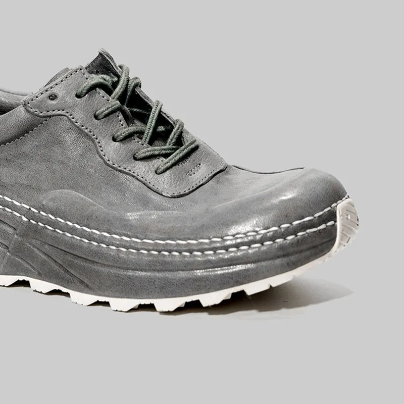 Horse Leather Derby Shoes For Women Retro Lace Up Platform Casual Sneakers in Grey