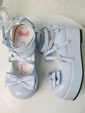 Light Blue Bowknot Buckle Straps Round Toe Platform Lolita Shoes