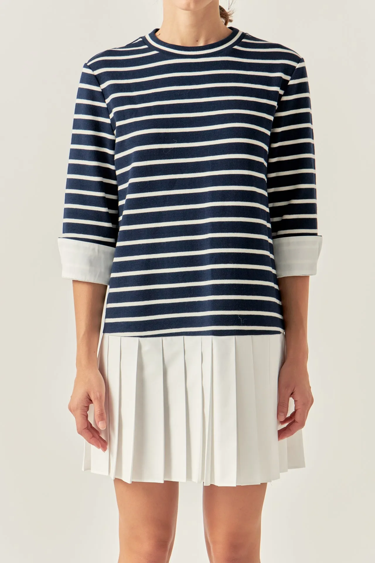 Mix Media Stripe Pleated Mini Dress