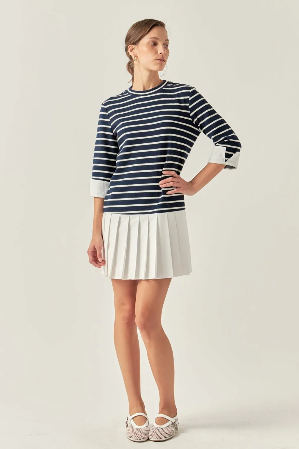 Mix Media Stripe Pleated Mini Dress