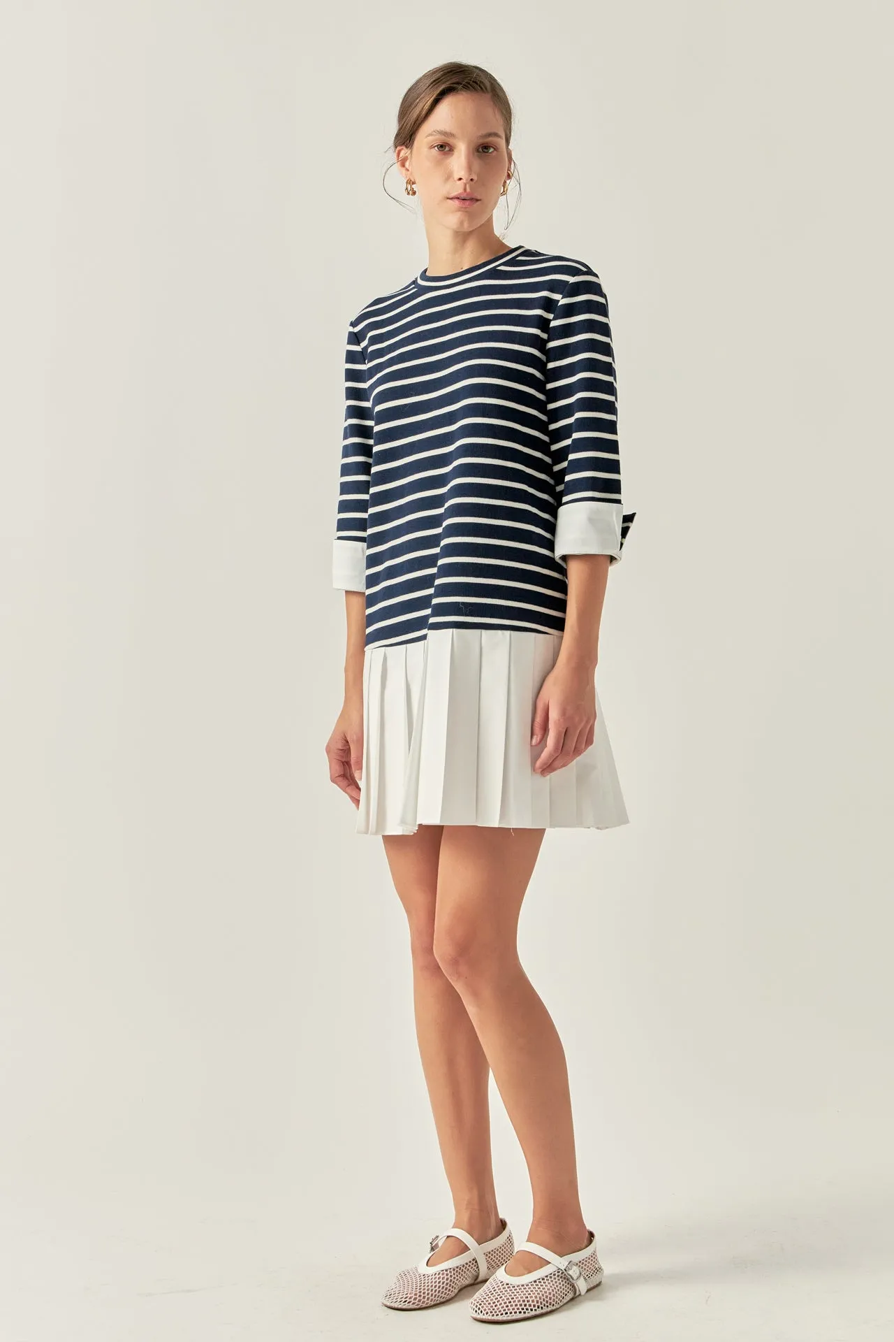 Mix Media Stripe Pleated Mini Dress