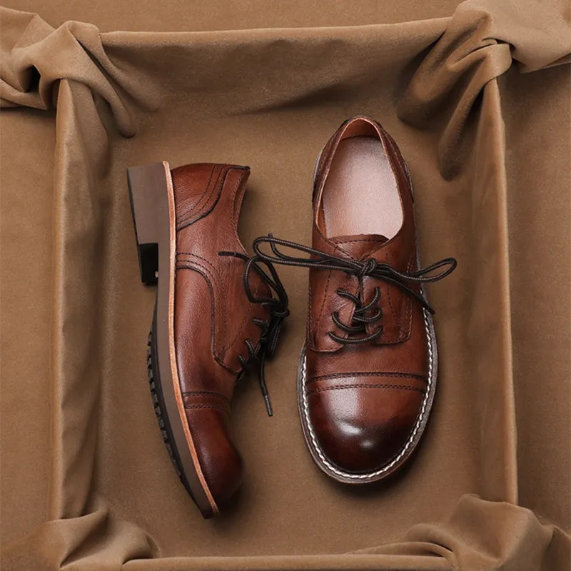 Retro Round Toe Oxfords Lace Up Leather Derby Shoes for Women in Black/Brown