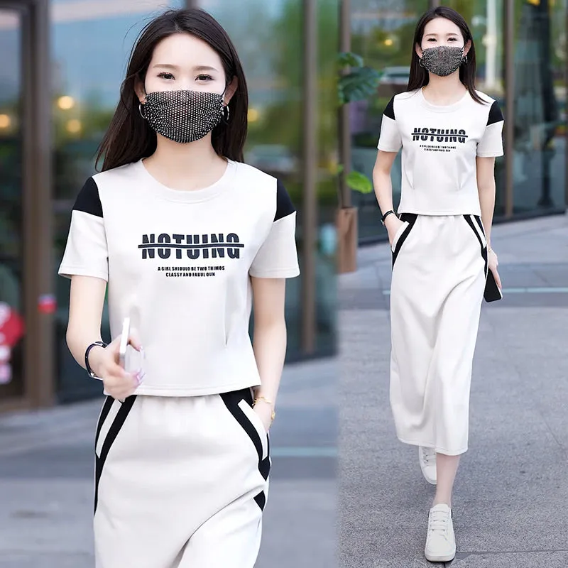 Sporty Short Sleeves T-Shirt & Midi Skirt Set（50% OFF）