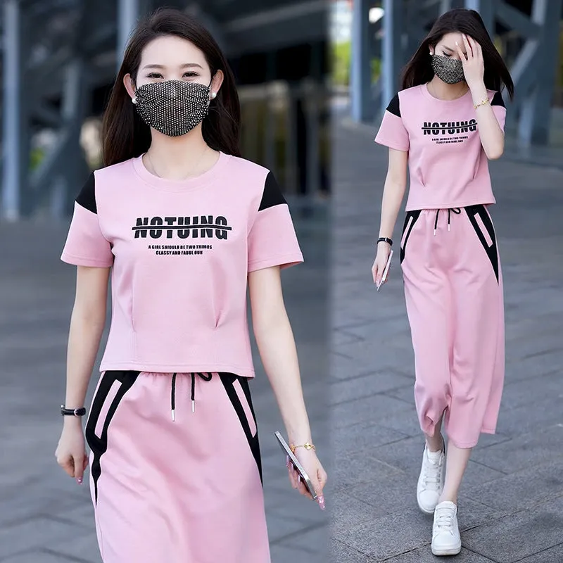 Sporty Short Sleeves T-Shirt & Midi Skirt Set（50% OFF）