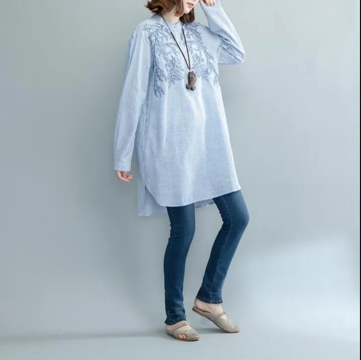 White and Blue Stripes Embroidered Blouse