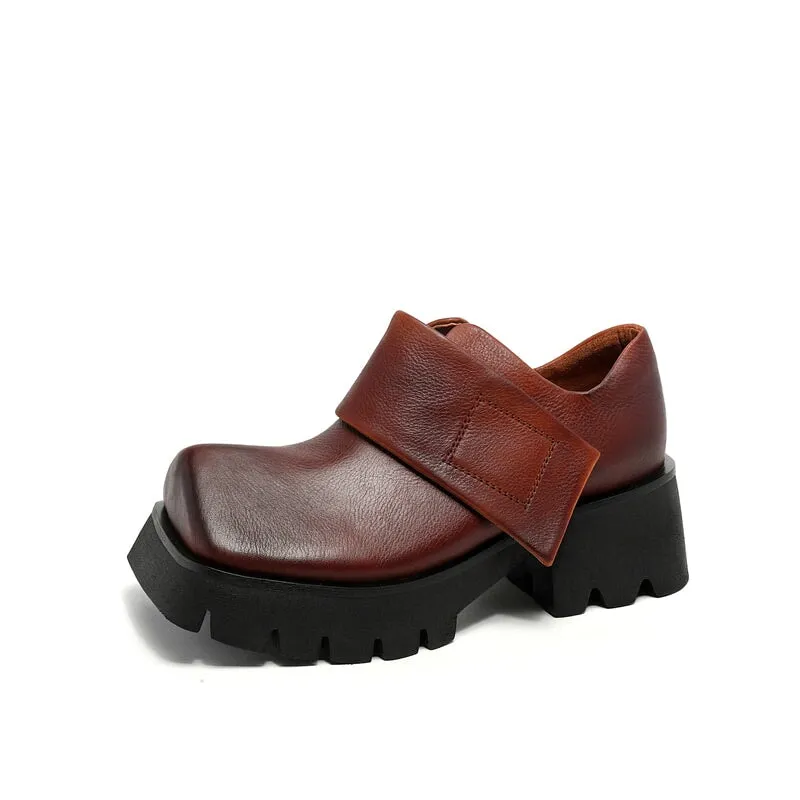 Women Square Toe Touch-strap Chunky Derby Shoes in Coffee/Black