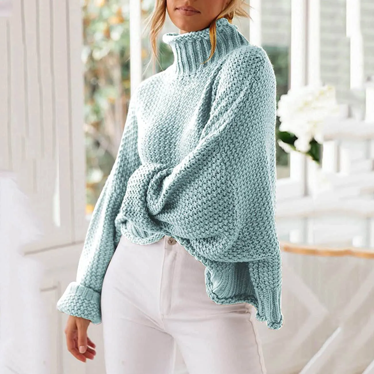 Women's Turtleneck Batwing Sleeve Loose Oversized Chunky Knitted Pullover Sweater Jumper Tops